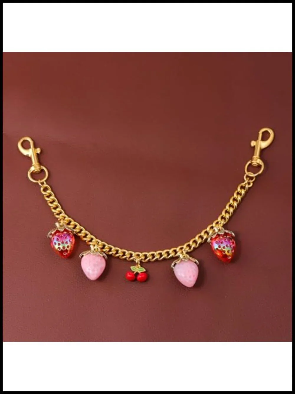 Strawberry Purse Charm Keychain - Gold Plated Alloy Bag Chain Extender with